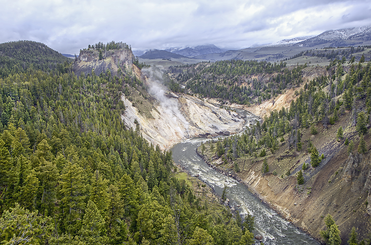Calcite Springs overlook with the Yellowstone River winding through a dramatic canyon with steam rising from the canyon walls