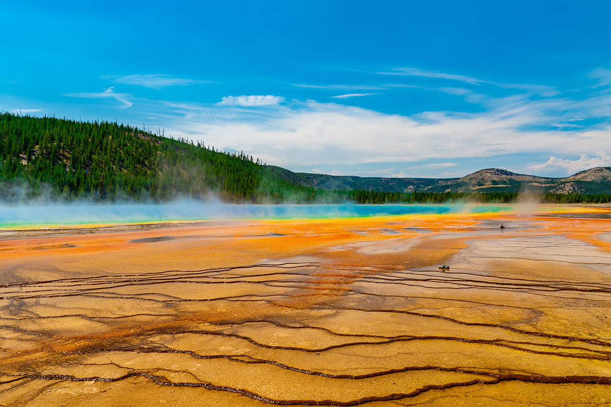 View of the colorful Grand Prismatic Spring with visitors on the boardwalk during peak season in Yellowstone in August