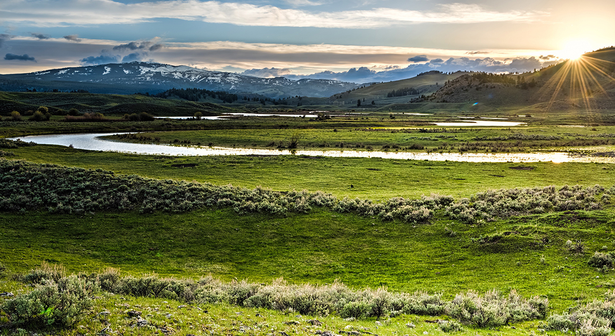 Wide open Lamar Valley landscape with mountains and river during visiting Yellowstone in August wildlife season