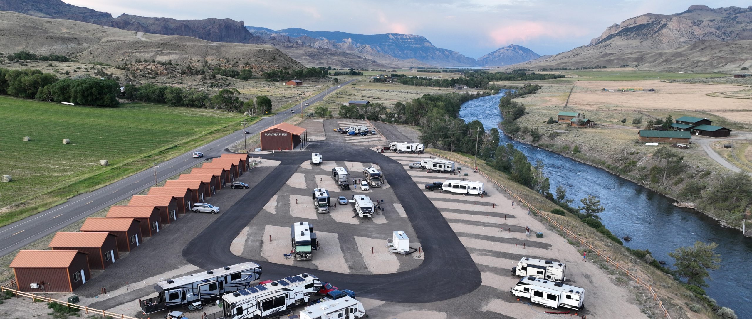 Yellowstone in September: Why It Might Be the Best Month to Visit 6 Aerial view of Old Faithful RV Park cabins and RV sites along the Shoshone River