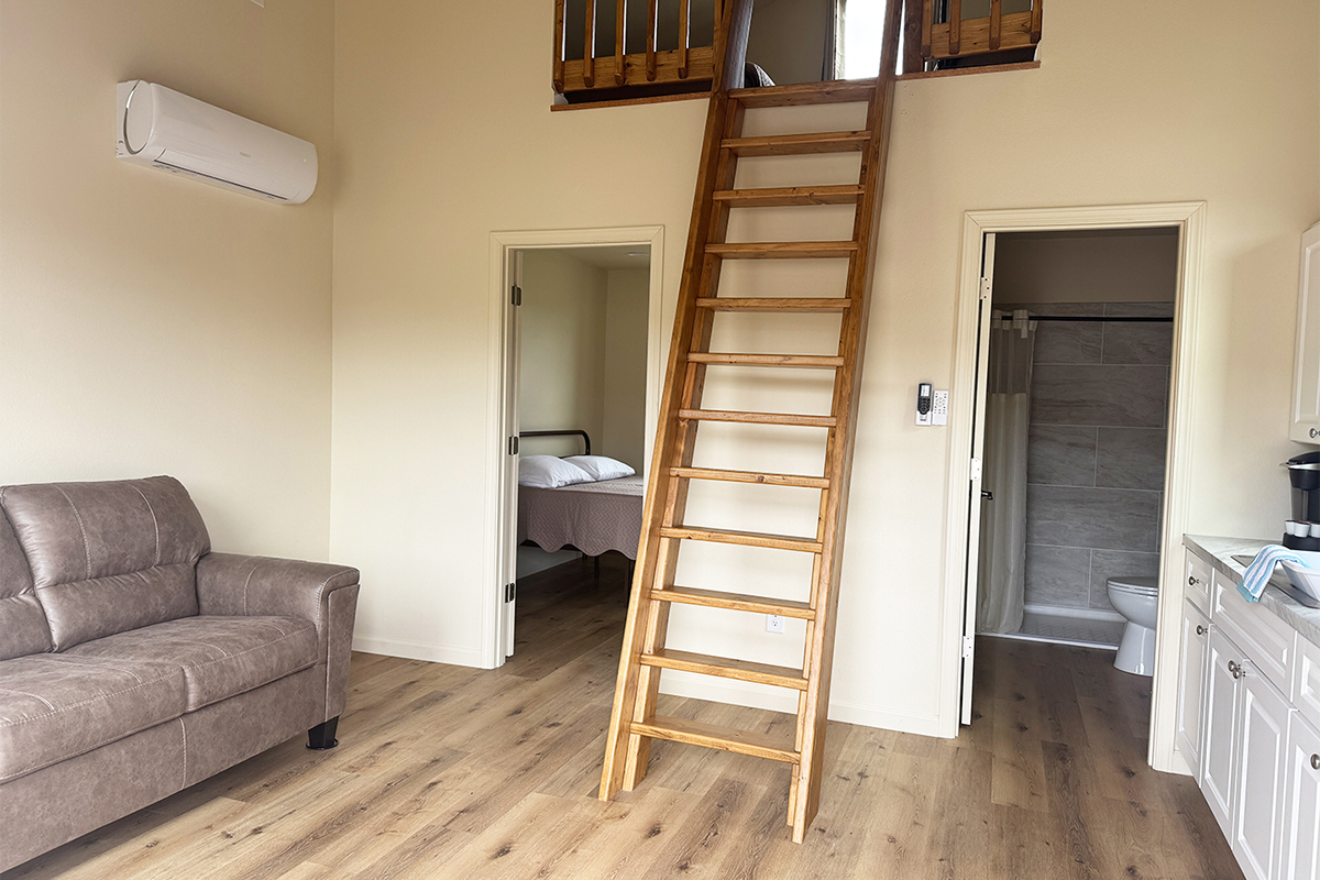 Cabin living room with wood loft ladder, kitchenette, and private bathroom visible