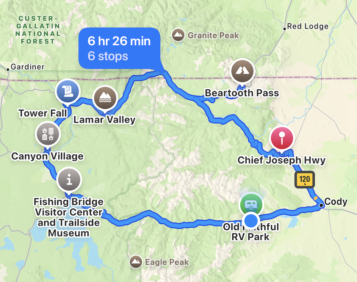 Beartooth Highway: The Complete Guide to One of America's Most Scenic Drives 7 Map showing the driving loop from Old Faithful RV Park through Chief Joseph Scenic Byway, Beartooth Pass, Lamar Valley, and back through Yellowstone