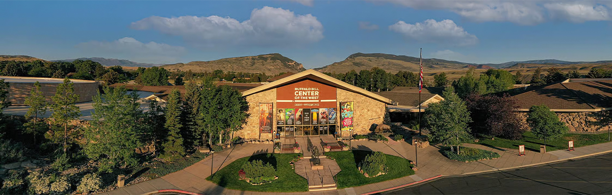 Exterior of the Buffalo Bill Center of the West museum in Cody Wyoming at sunset