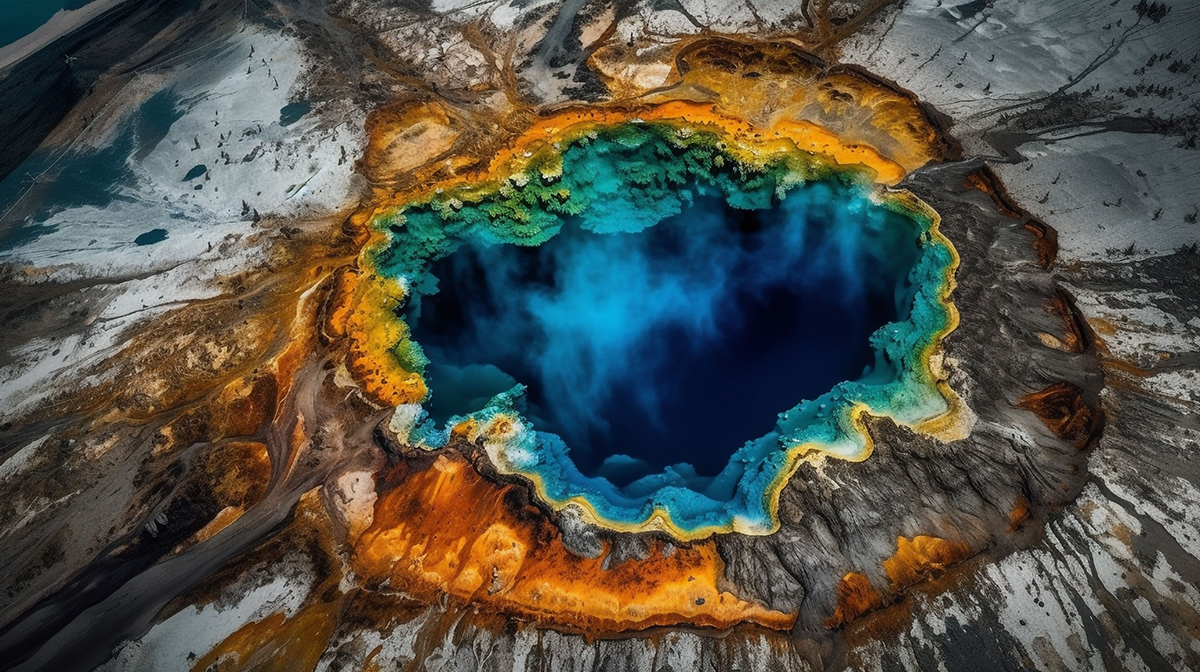 Aerial view of Grand Prismatic Spring showing vivid orange, blue, and green colors