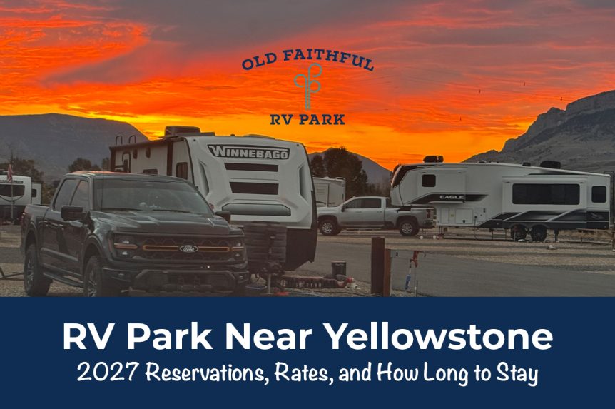 Orange sunset over RV sites and mountains at our RV park near Yellowstone in Cody Wyoming